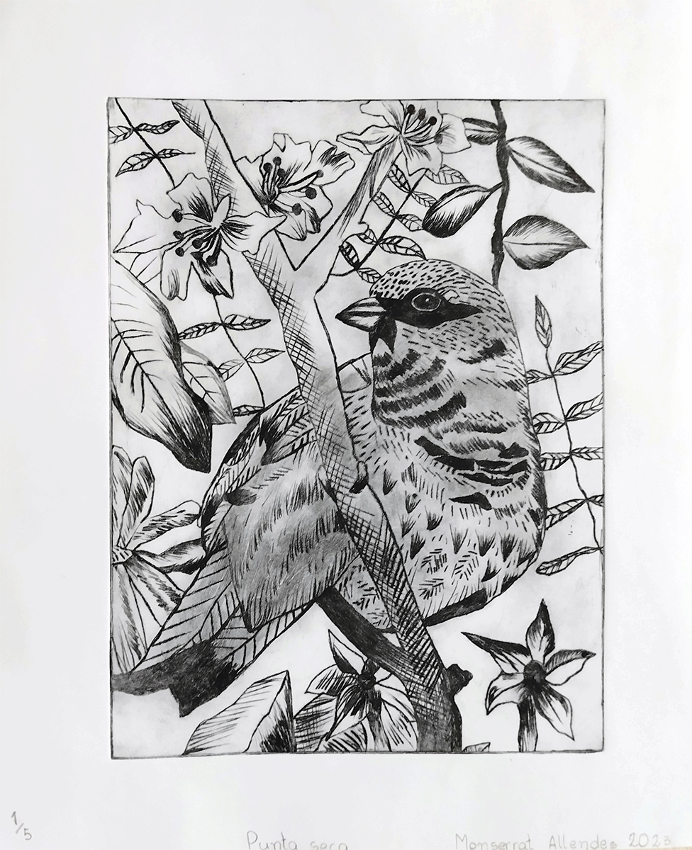 Grabado en blanco y negro que representa un ave posada sobre una rama, rodeada de hojas y flores. La imagen destaca por el detalle de las texturas y el trabajo en líneas.