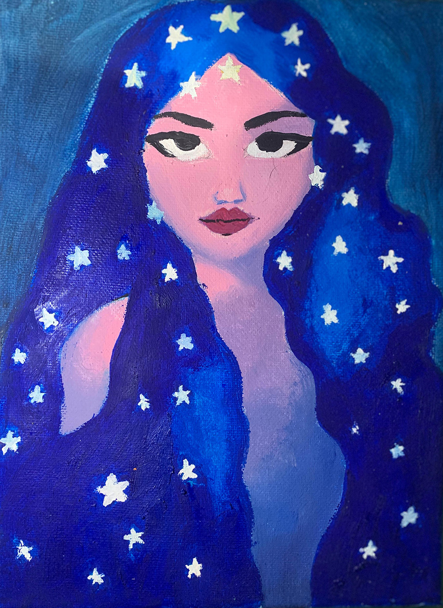 Pintura de retrato femenino con rostro rosado y cabello azul oscuro lleno de estrellas blancas sobre fondo azul, evocando un cielo nocturno.