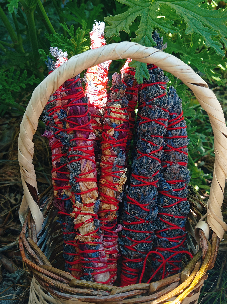 Canasto de mimbre con atados de hierbas y flores secas envueltas con hilo rojo, apoyado entre plantas verdes en exterior.