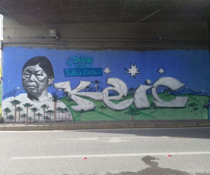 Mural urbano bajo un paso nivel con retrato en blanco y negro de una mujer y la frase “¿Dónde está Julia Chuñil?”, junto a la palabra “Keic” en letras grandes sobre paisaje verde.