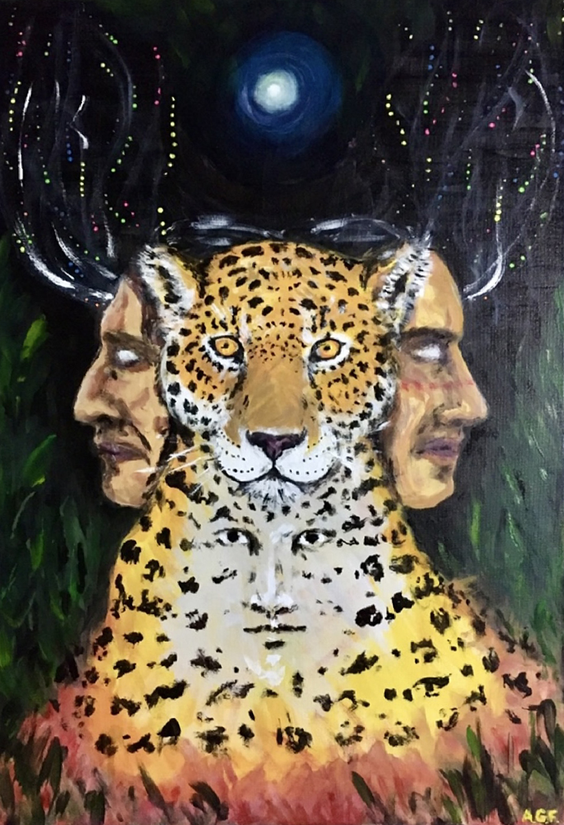 Obra pictórica con un rostro de jaguar central fusionado con figura humana y dos perfiles laterales; fondo oscuro con luna y puntos de luz que evocan un entorno místico o nocturno.