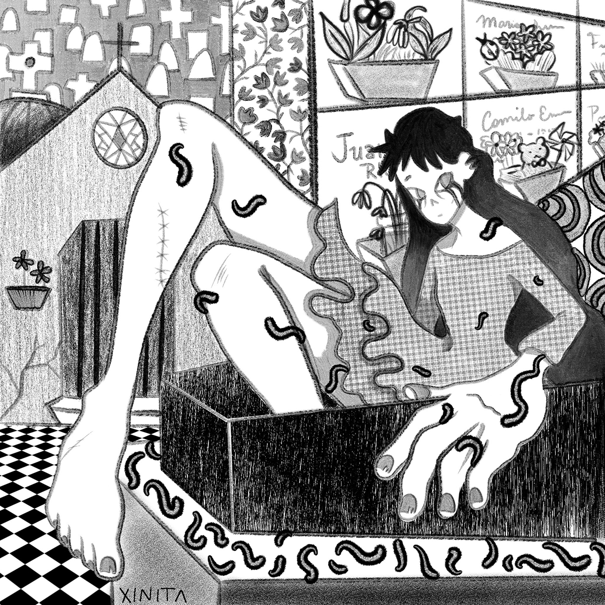 Ilustración en blanco y negro de una figura femenina sentada dentro de una caja en una habitación con plantas y patrones decorativos en el fondo.